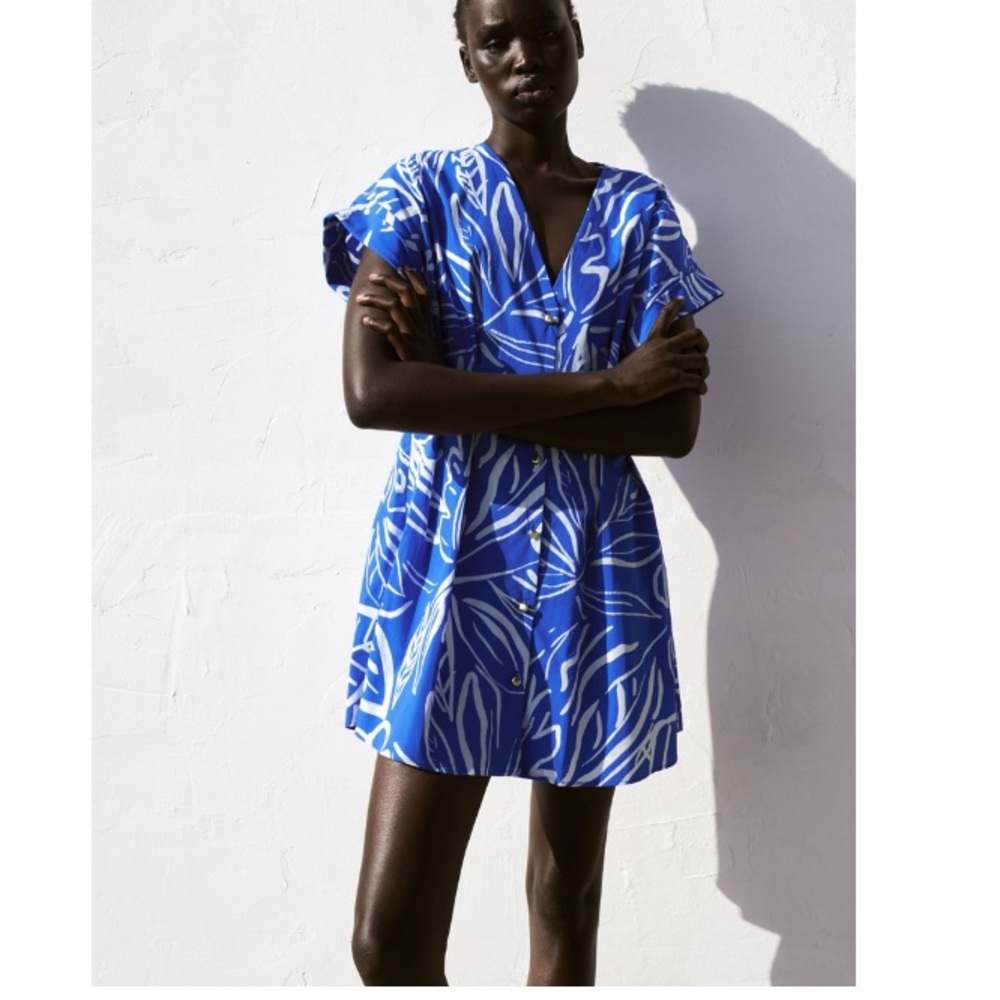 Zara blue cotton printed pleated mini dress - Picture 2 of 11